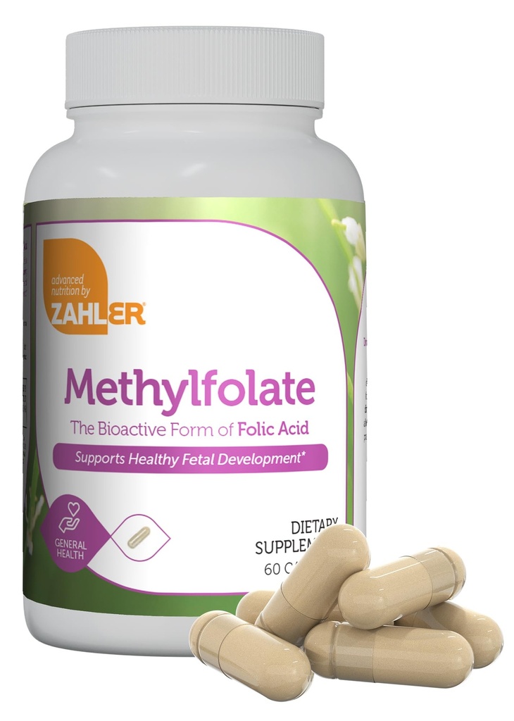 Zahler Methylfolat - understøtter sund føtal udvikling og genetisk sundhed - Metyleret folinsyre fra 1000 mcg DFE L- Methylfolat - Kosher Non GMO methylfolat supplement for kvinder (60 kapsler)