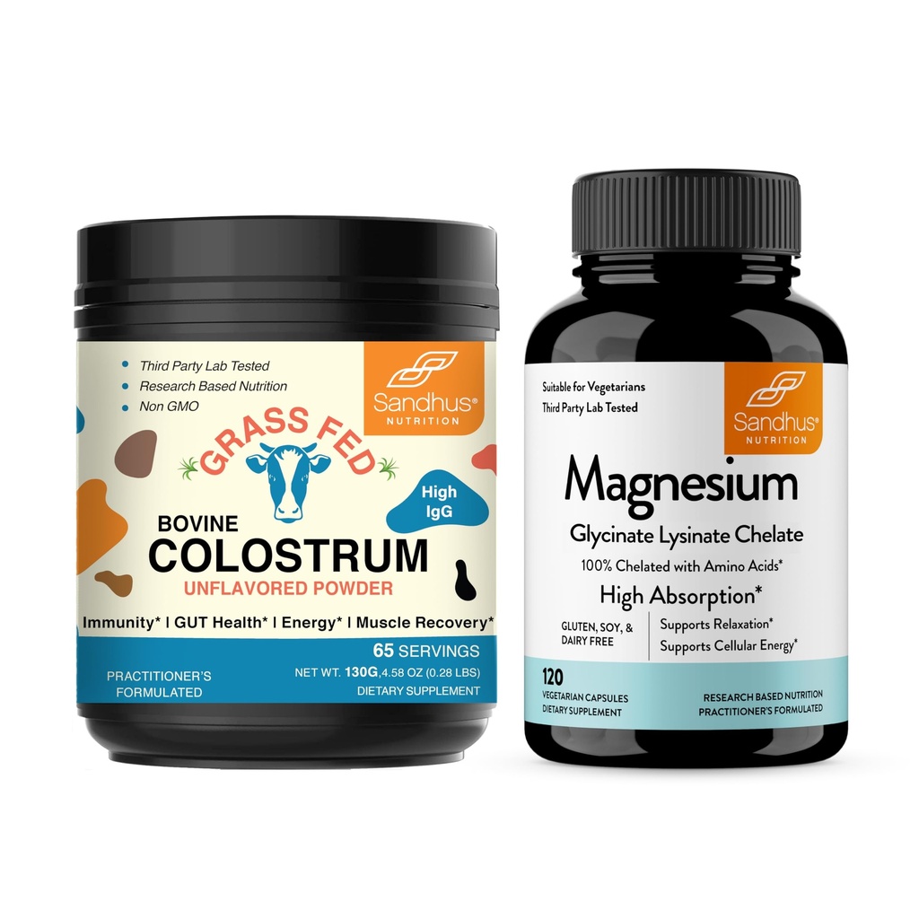 Sandhu 's Bovine Colostrum Powder & Magnesium Glycinate Lysinat Kapsler Budd124; Hjælper Gut, Immun Heath & Sleep Support