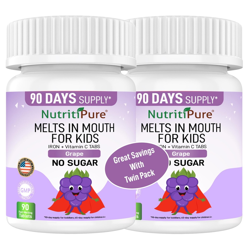 Kids Chewable Iron Supplement, Ferronyl ® Carbonyl Iron 9 mg, C-vitamin 30 mg, Grape Flavor, 90 tabletter (2 flasker)