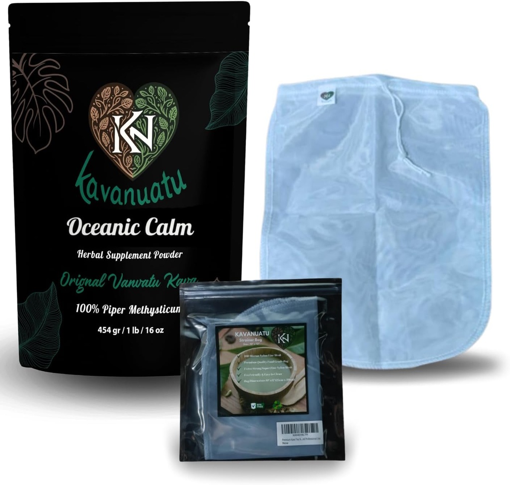 Kava Powder og Scrainer Bundle Buddy 124; Premium Vanuatu Kava Root Powder (16oz) til Calmness & Afslapning med 100 Micron Fine Mesh Scrainer Bag til Glat Kava Forberedelse