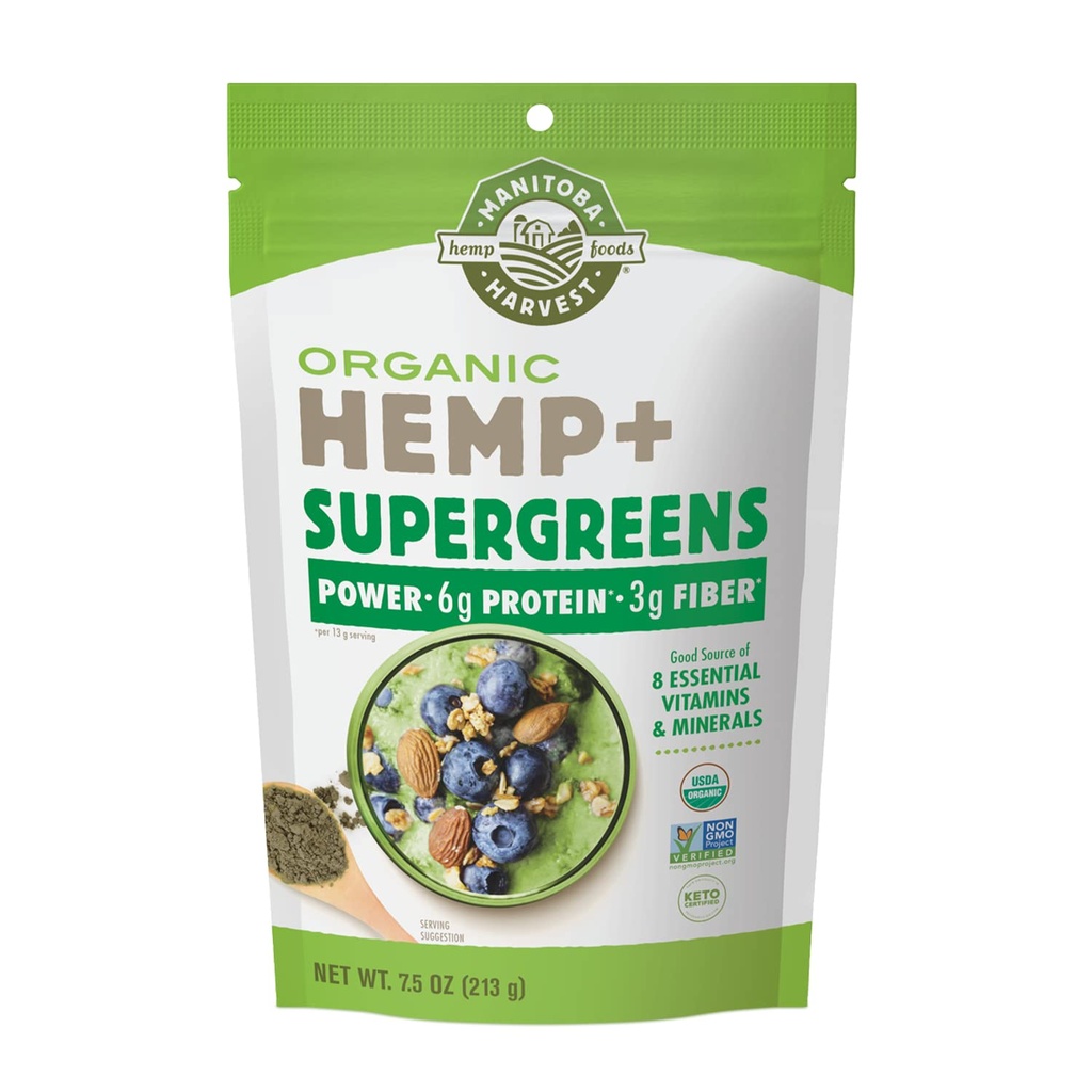 Manitoba Høst Økologisk Hoppe & Supergreens Powder, 7,5 oz, Green Superfood Powder med 6g protein, 3g fibre per servering, Vegan, Non- GMO projekt Verified, Packaging May Vary