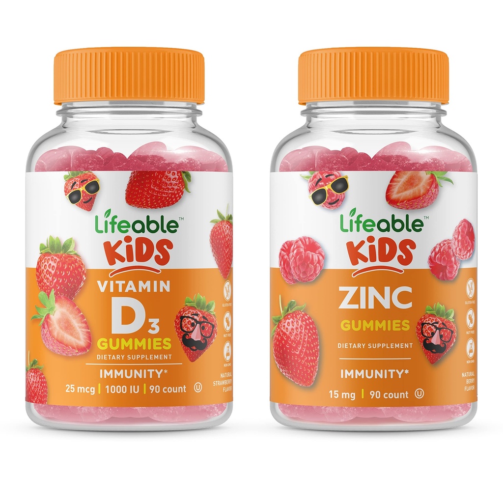 Lifeable D-vitamin Kids + Zink Kids, Gummies Bundle - Great Tasting, Vitamin Supplement, Gluten Free, GMO Free, Chewable Gummy