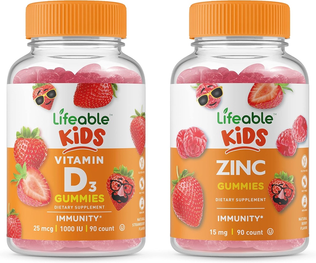 Lifeable Vitamin D Kids + Zinc Kids, Gummies Bundle - Great Tasting, Vitamin Supplement, Gluten Free, GMO Free, Chewable Gummy