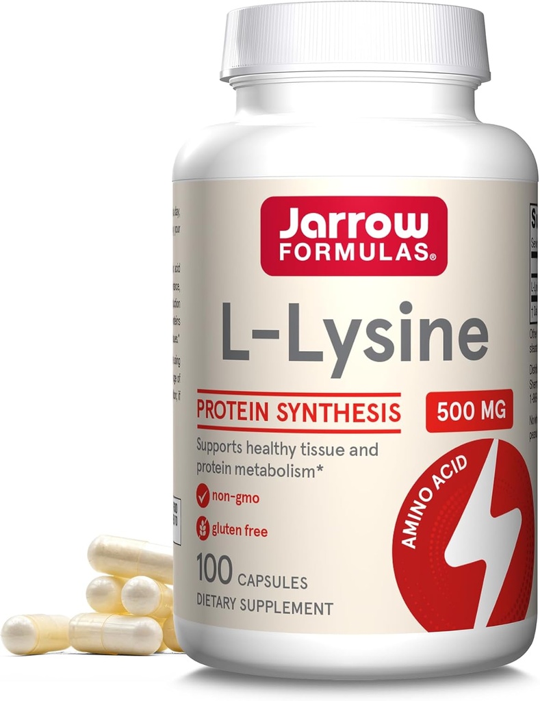 Jarrow Formulas L- Lysin 500 mg, Kosttilskud, Aminosyre til proteinsyntese og sund vævsstøtte, 100 kapsler, 100 dages forsyning