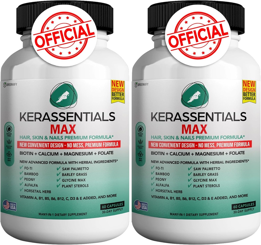 Kerassentials Max - Hår, Hud & Nails Support Supplement 124; Biotin, Calcium, Magnesium, Folate & Herbal Blend; Premium Formel 124; 120 Kapsler, Vegan & Gluten- Free