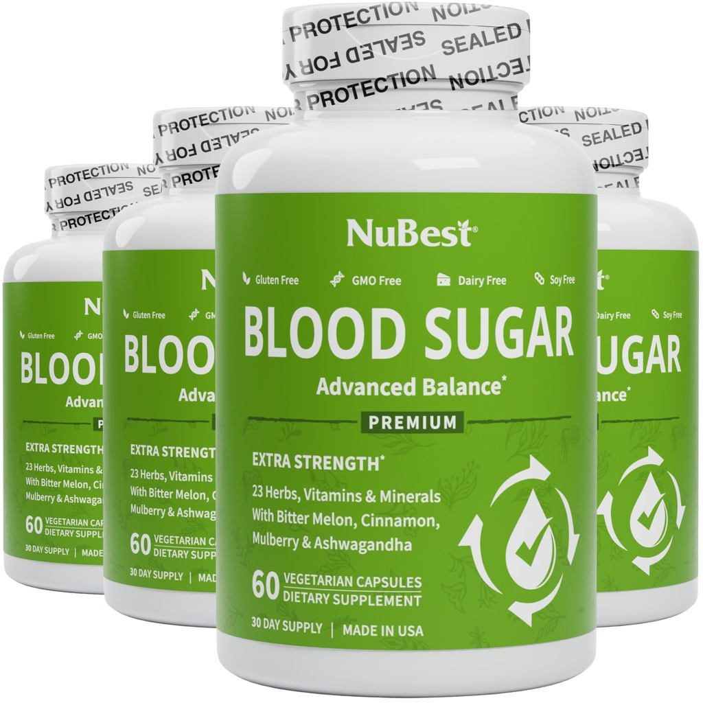 NuBest Blood Sugar - Premium Formel med Bitter Melon, Ashwagandha, Cinnamon, Chrom, Magnesium, Vitaminer, Alpha Lipoic Acid, Cayenne Pepper - Support Sund Blood Sugar - Pack 4