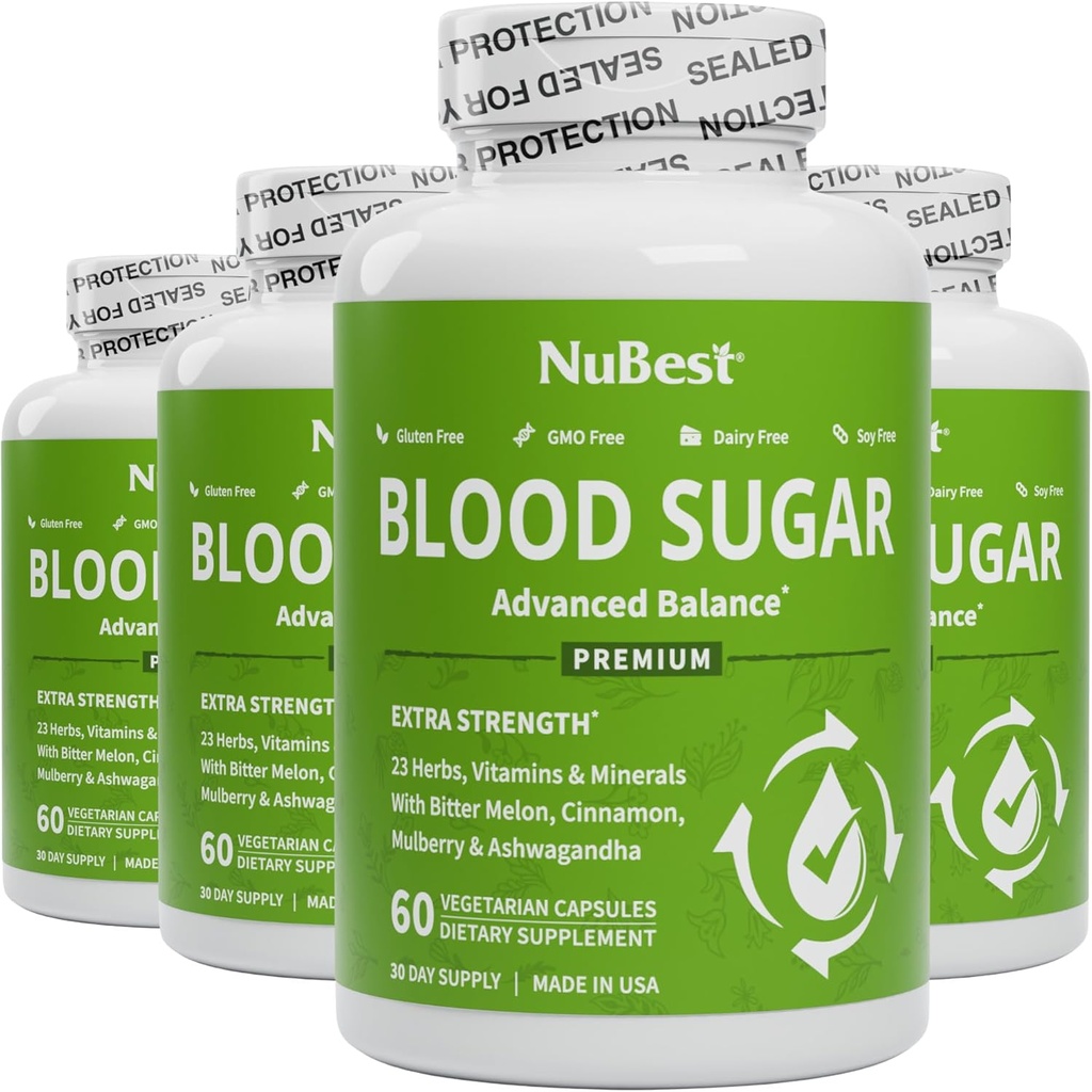 NuBest Blood Sugar - Premium Formula with Bitter Melon, Ashwagandha, Cinnamon, Chromium, Magnesium, Vitamins, Alpha Lipoic Acid, Cayenne Pepper - Support Healthy Blood Sugar - Pack 4
