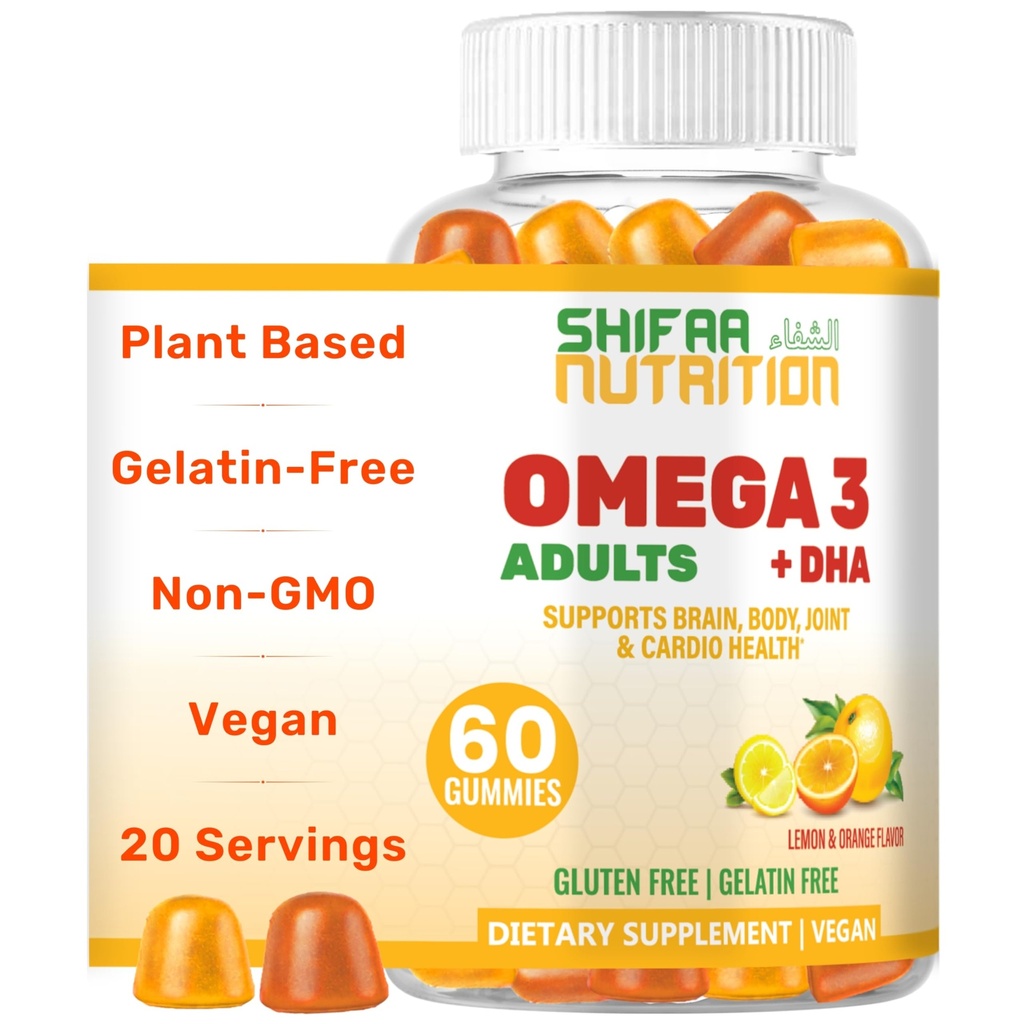 SHIFAA NUTRITION Vegan Omega 3 Gummies for adomatic Memory 124; No Fish Oil Burps Memory 124; 60 Gummies Memory 124; Plant Based w / Chia Oil, Algae Memory 124; Omega 3 6 9 w / DHA, C-vitamin 124; for Brain, Kardiovaskulær & immunforsvar Halal