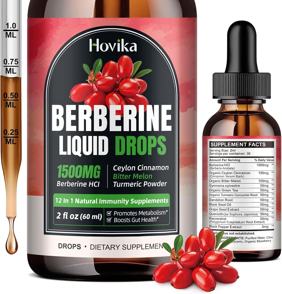 Berberine HCL Liquid Drops - 1500 mg Absorbable Berberine Liquid Drops - Berberine Veggie supplement til immunforsvar, fordøjelsessystem og hjerte sundhed støtte, Strawberry Flavor - 2 FL Oz