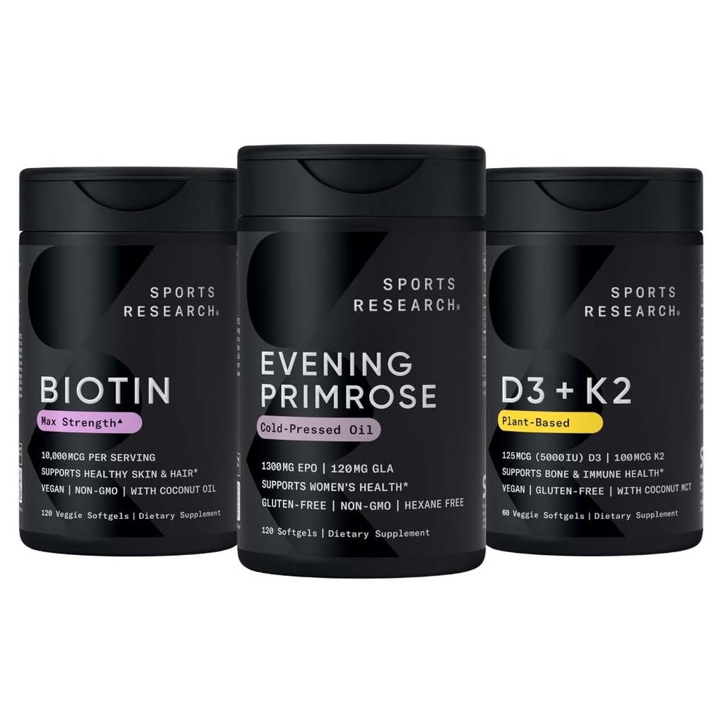 Sportsforskning Vegan Biotin 10,000mcg med kokos olie, aften primrose supplement fra kold presset olie og plante baseret Vitamin K2 MK7 + Vegan D3 5000iu
