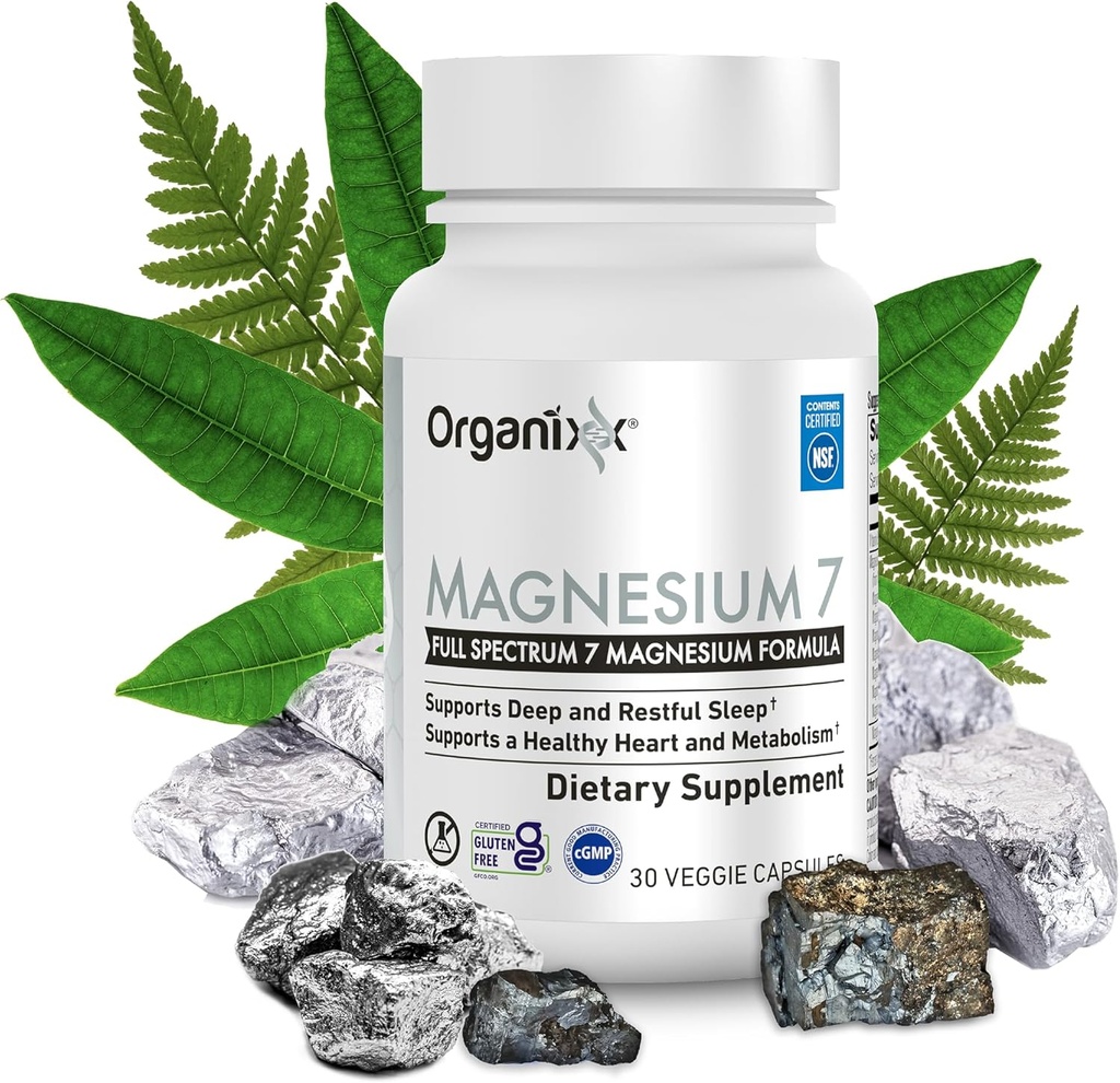 Organixx Magnesiumsupplement, naturlige Magnesiumkapsler til støtte for søvn, muskelgendannelse, med vitamin B6 og mangancitrat og glycinat, høj absorption, Vegan, Non GMO (30 Tæl)