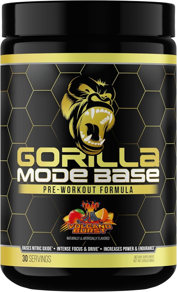 Gorilla Mind Base Pre Workout - øger nitrogenoxid Intensive Focus & Drive Endurance Power - L- Citrullin, L- Tyrosine, betain, Alpha- GPC, koffein, Huperzine A - 360 Bedste (Volcano Burst)