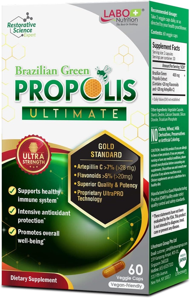 LABO Nutrition Brazilian Green Propolis Ultimate - Contains >7% or 28mg per Serving Artepillin C & >5% Flavonoids, for Immune & Brain Support, Natural, High Concentrate & Premium, 60 Veg Capsules