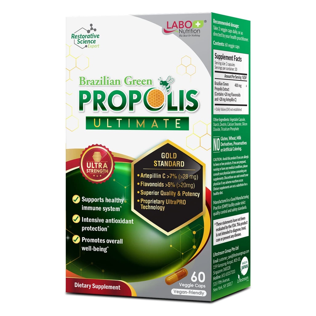 Labo Nutrition Brasiliansk Green Propolis Ultimate - Indeholder > 7% eller 28mg per servering Artepillin C & > 5% Flavonoider, til immun- og hjernestøtte, Natural, High Concentrate & Premium, 60 Veg kapsler