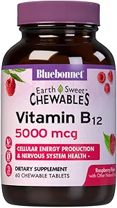 BlueBonnet Nutrition Earth Sweet Vitamin B12 5000 mcg Chewable Tablets, Soy- Free, Gluten- Free, Kosher Certified, Dairy- Free, Vegan, Raspberry Flavored, 60 Chewable Tablets, 60 Servere