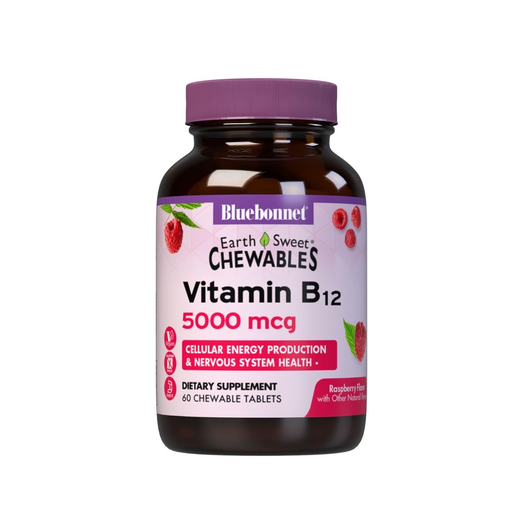 BlueBonnet Nutrition Earth Sweet Vitamin B12 5000 mcg Chewable Tablets, Soy- Free, Gluten- Free, Kosher Certified, Dairy- Free, Vegan, Raspberry Flavored, 60 Chewable Tablets, 60 Servere