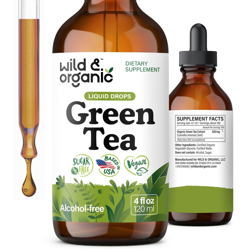 Wild & Organic Green Tea Extract Liquid Drops - Antioxidant- Rich Green Tea Supplement - 2-måneders levering - Vegan, Sukker & Alkohol- Gratis Camellia Sinensis Tincture - 4 fl oz