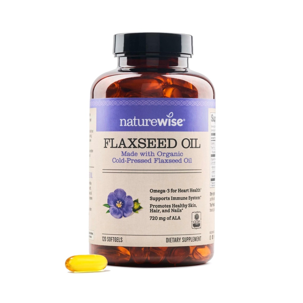 NatureWise Flaxsee Oil 1200 mg, Fish Free Omega 3 6 9 med 720mg ALA, Kosttilskud til hjertesygdomme - Økologisk, kold presset, non-GMO - 120 Softgels [4-måned Supply]