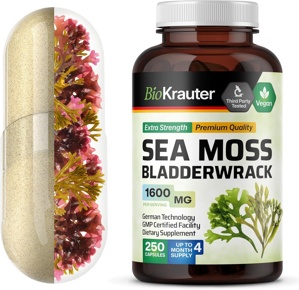 BIO KRAUTER Irish Sea Moss Capsules 1600 mg - 250 Greve - Vegan Bladerwrack med Chondris Crispus Sea Moss Supplement