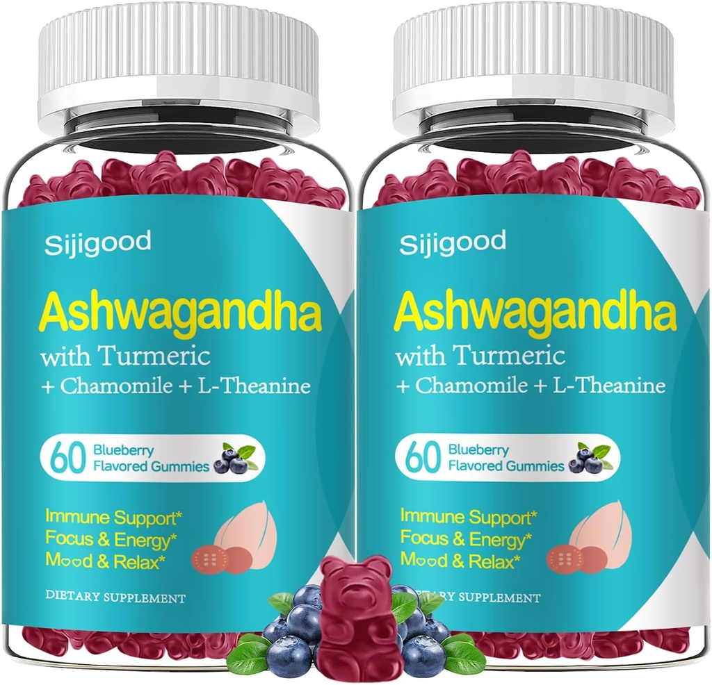 2 Pack Ashwagandha Gummies, Støtte til Immunitet, Afslapning, Rolig Mood & Zzz, Ashwagandha Kosttilskud til mænd & kvinder, Natural Blåbær Flavor, 120 Greve