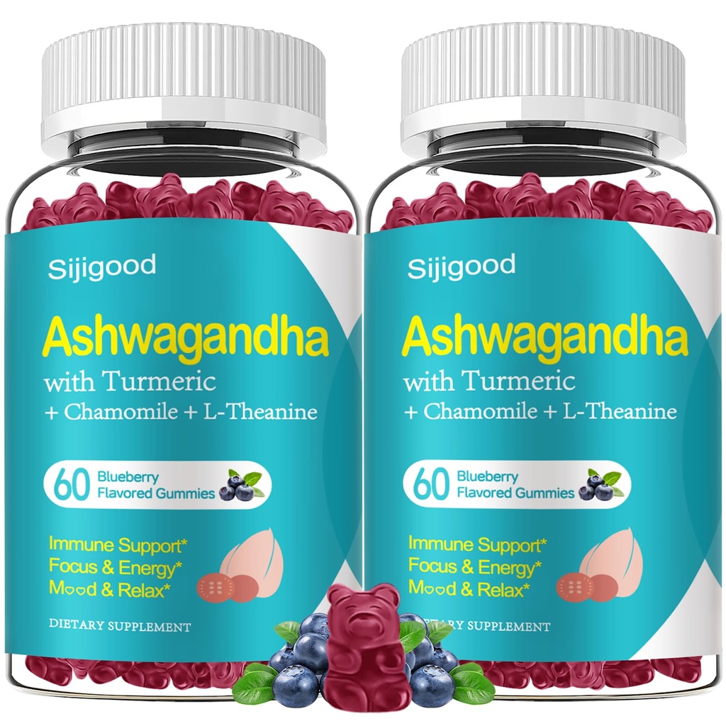 2 Pack Ashwagandha Gummies, Støtte til Immunitet, Afslapning, Rolig Mood & Zzz, Ashwagandha Kosttilskud til mænd & kvinder, Natural Blåbær Flavor, 120 Greve