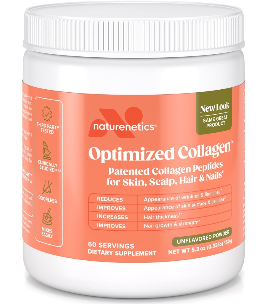 Naturenetika hår, hud & negle collagen peptider - Understøtter hud hydrering & hårstyrke - Biotilgængelig hydrolyseret collagen - Unflavored, Let at blande - Paleo & Keto- Friendly - 60 Servere *