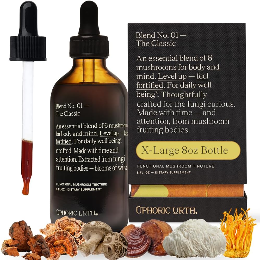 Blend No.1-6 Mushroom Blend Tincture Reishi, Chaga, Lions Mane, Tyrkiet Tail, Cordyceps, & Shiitake, Natural Support Immunity Booster, Øge energi & kognitiv funktion (240 Servere)