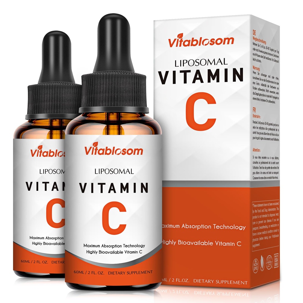 Liposomal C-vitamin 2000mg væske til voksne, høj Absorption VIT C, Maksimere C-vitamin, immunsystem & antioxidant Support, 60ML (2 flasker)