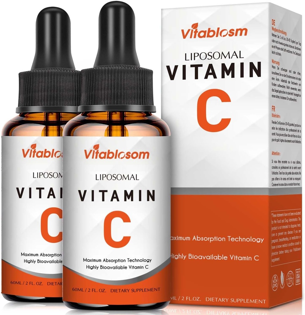 Liposomal C-vitamin 2000mg væske til voksne, høj Absorption VIT C, Maksimere C-vitamin, immunsystem & antioxidant Support, 60ML (2 flasker)