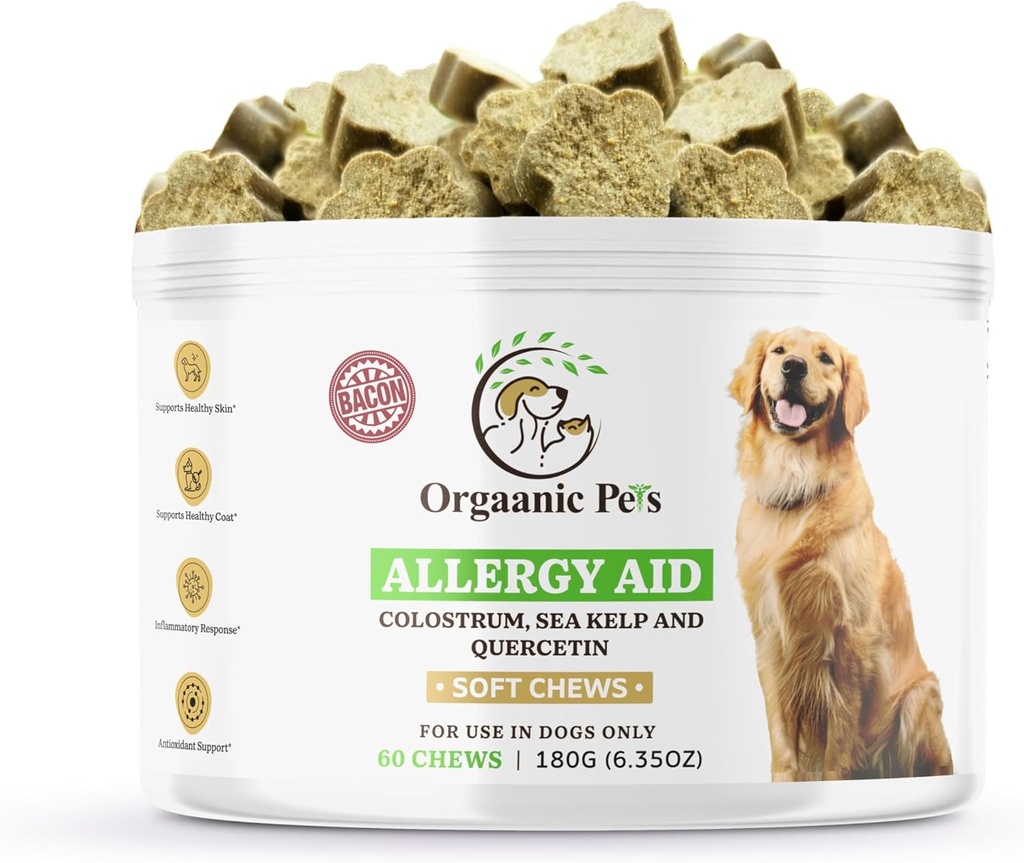 Herbal Hund Allergi Relief med SEA KELP - Colostrum - QUERCETIN - Svampe - Omega + 11 Naturlig Allergi Relief Urter - Soft Chews for Hud & Sæsonlig Allergier