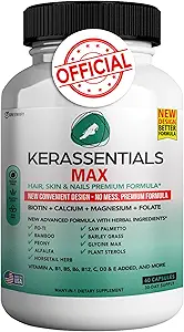 Kerassentials Max - Hår, Hud & Nails Support Supplement: 124; Biotin, Calcium, Magnesium, Folate & Herbal Blend; Premium Formel: 124; 60 kapsler, Vegan & Gluten- Free