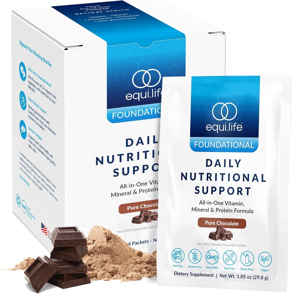 Equilife Daily Nutritional Support, All- in- One Multivitamin Meal Erstatning, Pure Chocolate Flavor, 15G Plant Protein, Understøtter Samlet Wellness herunder energi, fordøjelse, & Hud, 14 Pakker