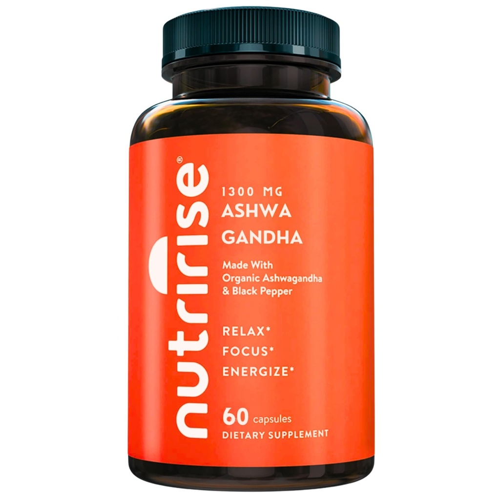 Nutrise Organic Ashwagandha Root Capsules with Black Pepper, 1300mg, Natural Stress & Mood, Thyroid & Immunsupport Supplement, Clarity, Focus & Energy, Gluten Free, 60 Greve