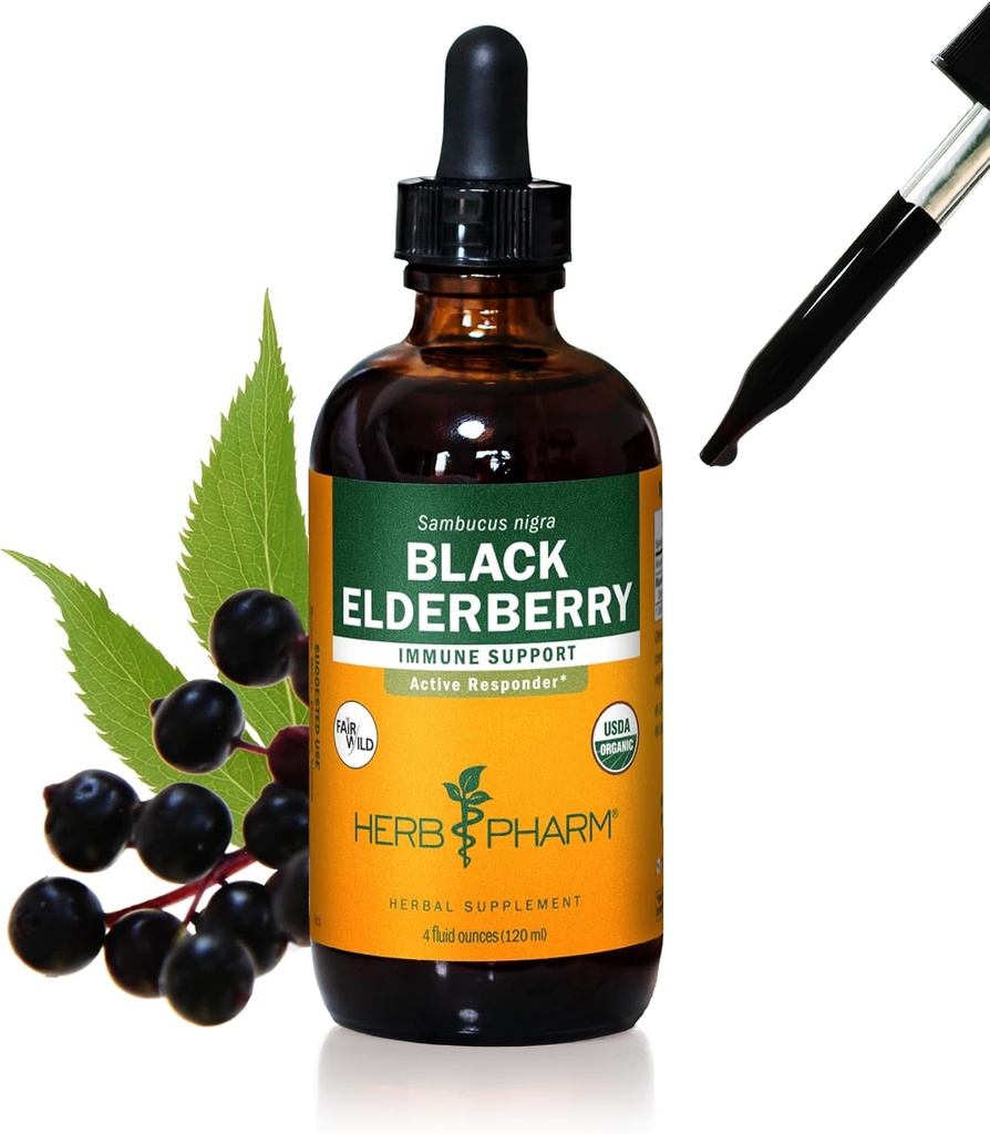 Herb Pharm Certified Organic Black Elderberry Liquid Extract for Immunsystemet Support, Organic Cane Alkohol, 4 Ounce