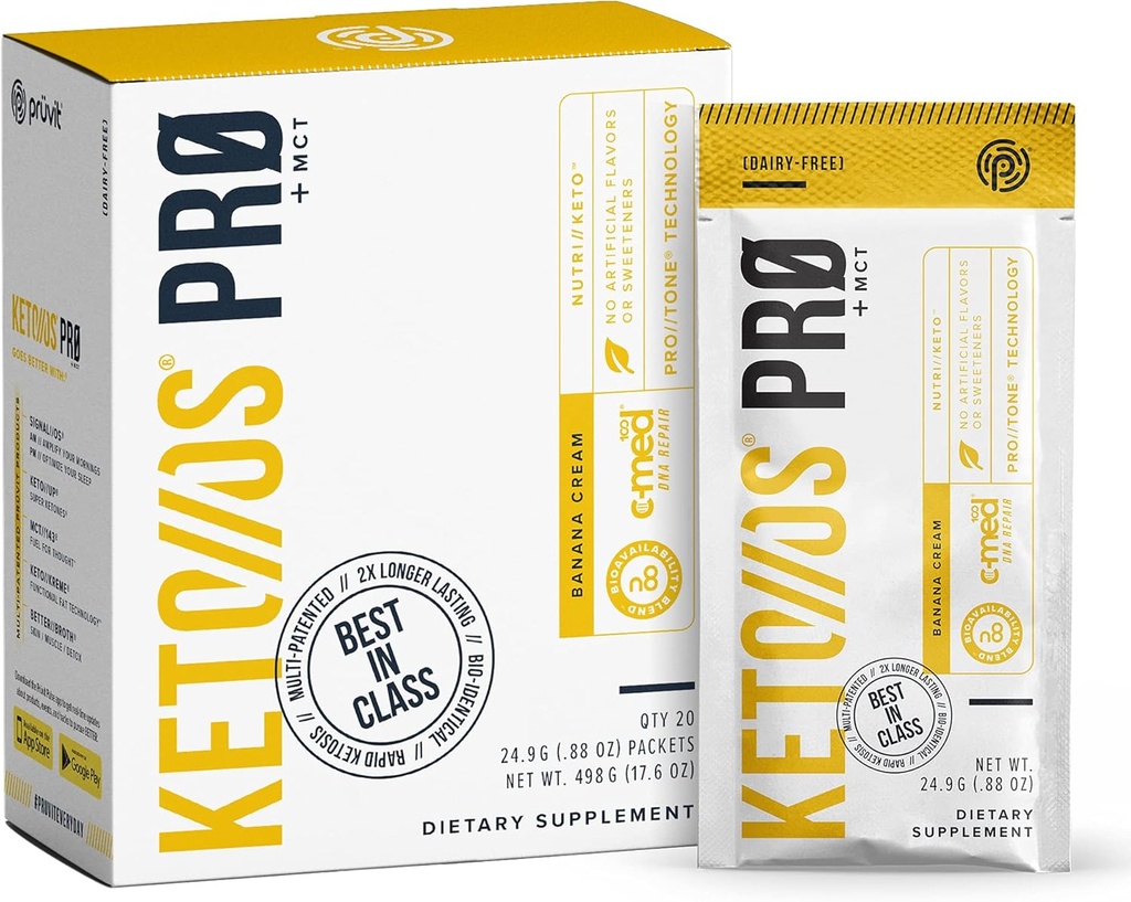 Pruvit Keto / / OS Pro Banana Cream + MCT Ketoner - Keto / / OS Pro Supplement for Energy Boost, Bedre fordampning og hjælper med at bekæmpe aldringsprocessen - 20 pakker
