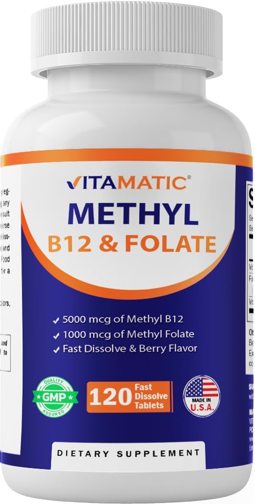 Vitamatisk methylfolat & B12 tillæg med Pyridoxal 5 Phosphat (P- 5- P) - fremmer cardiovaskulær sundhed & energi Metabolisme - 120 Fast opløsning tabletter - Ikke GMO & Gluten fri