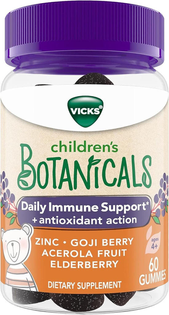Vicks Children 's Botanicals Daily Immunsupport * + Antioxidant Action, Gummies, Made with Zink, Goji Berry, Acerola Fruit, and Elderberry, 60 ct