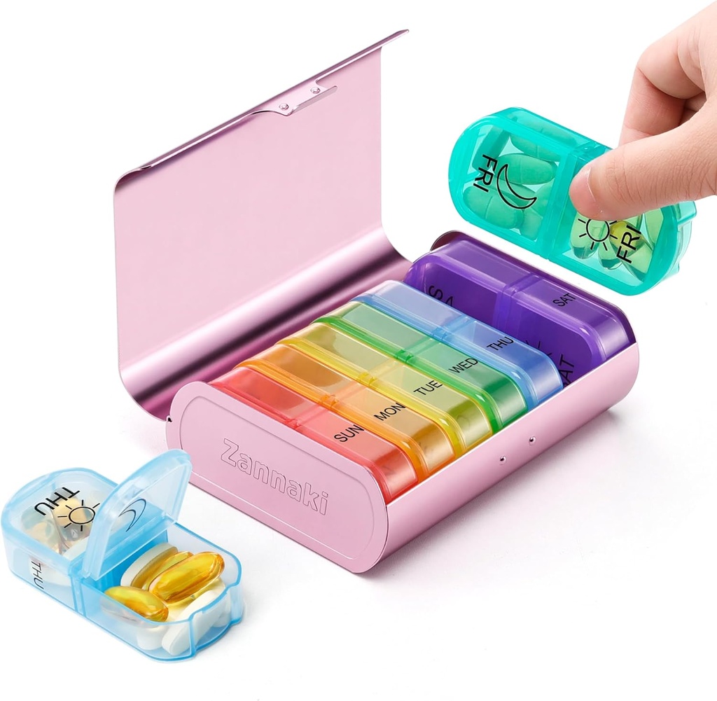 Zannaki Metal XL Weekly Pill Organizer 2 gange om dagen, Stor rejse Daily Pill Box 7 dag, Portable Week To Pill Holder Container, AM PM Pill sag for Medicin Vitamin Medicin Supplement, Pink