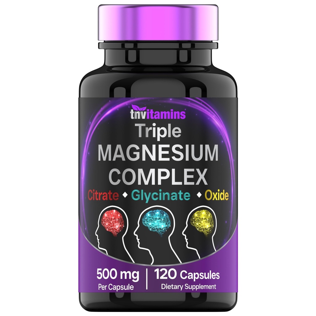 Triple Magnesium Complex Supplement 500mg: Magnesium Glycinat, Citrate, & Oxide - 120 kapsler (4 måneder Tilgang!)