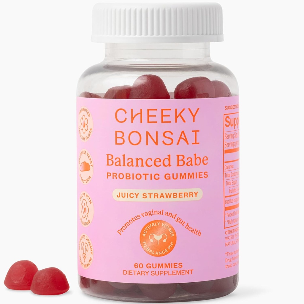 Cheeky Bonsai, Vaginal Probiotiske Gummies for Kvinder - Balanceret pH, sund lugt, og Flora Support - 5 milliarder CFU - Saftig Strawberry Flavor, 60 Greve