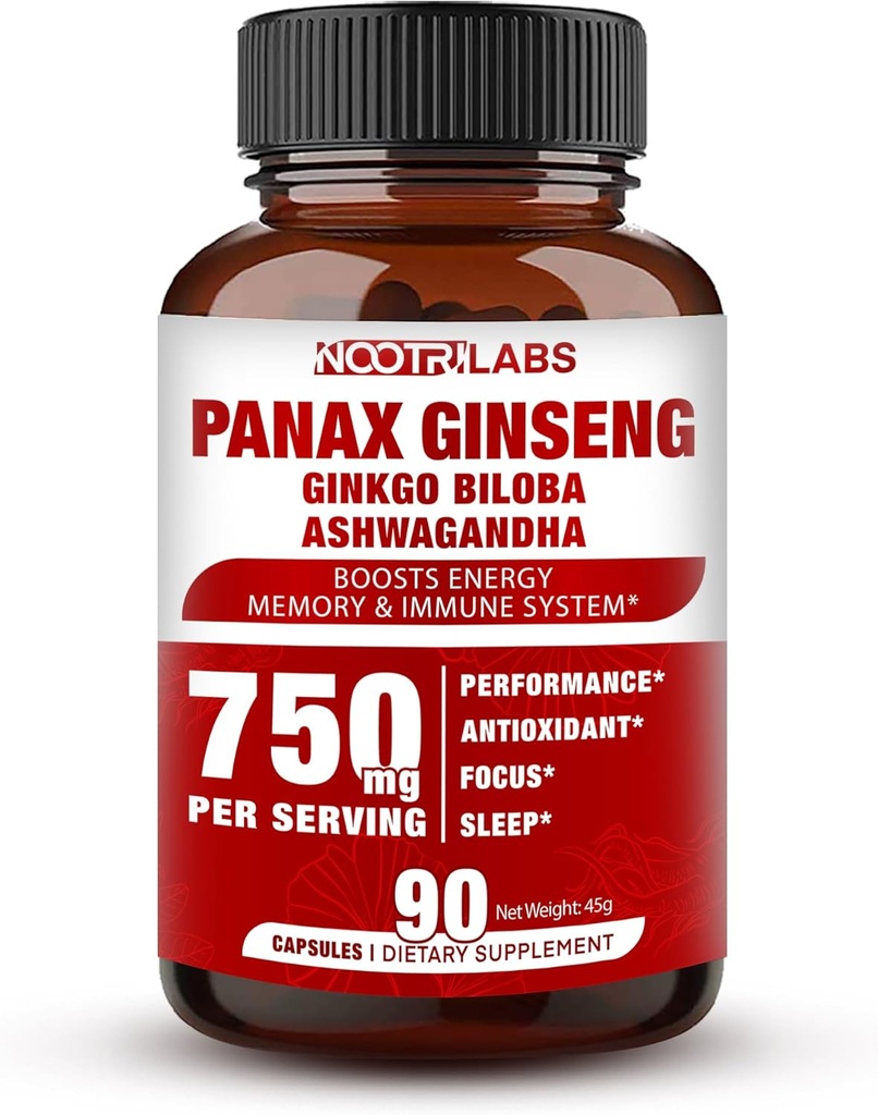 Koreansk rød Panax Ginseng 750mg Højeste potens med Ginkgo Biloba og Ashwagandha, Boost Energy, Memory, og immunsystem - Focus Supplement piller til mænd og kvinder, 90 Veganske kapsler