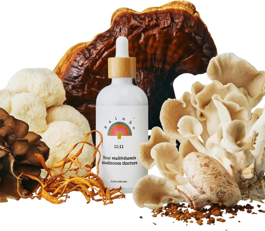 Rainbo - 11: 11 Multi Mushroom Tinktur - 11-in-1 Dual Extract Mushroom Blend - Omfattende immunforsvar, Brain Support, Flydende Løve 's Mane & Tyrkiet Hale, Vegan, Non GMO, 3.4 fl oz