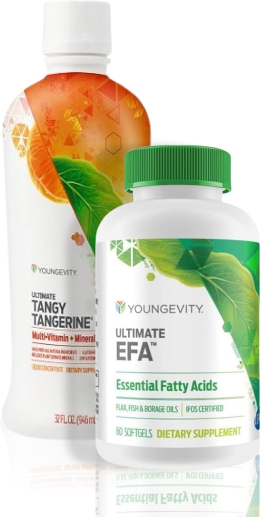 Youngevity Essential 90 Pak - Ultimate All- in- One Multivitamin Combo - Ultimate Tangy Tangerin + Ultimate EFA - 90 Essential Vitamin, Minerals, Aminosyrer, Fedtsyrer (30 Servere)