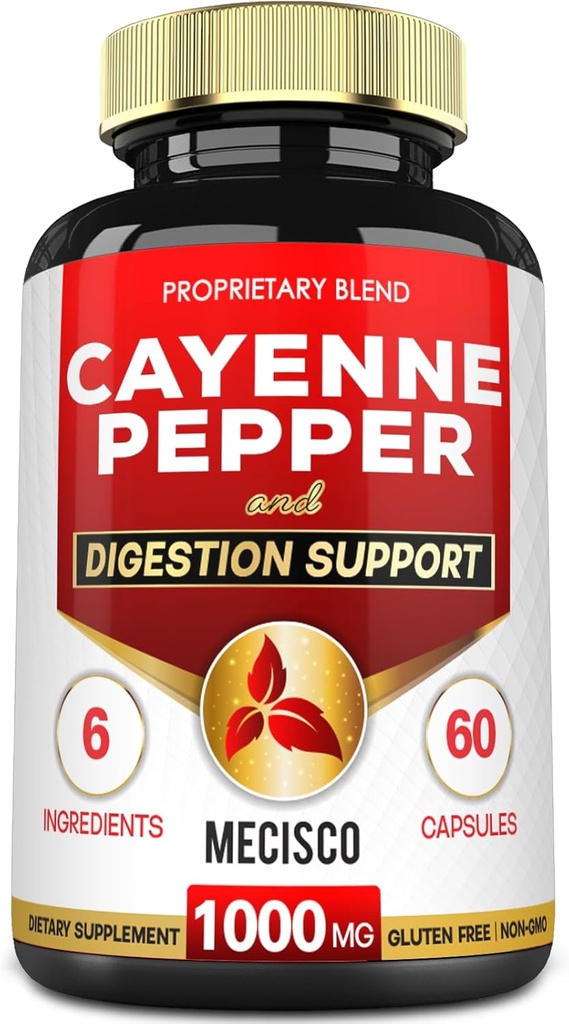 6in1 Cayenne Pepper Kapsler med Ginger Root, Beet Root, og Black Pepper og mere - 60 Kapsler - Cayenne supplement understøtter fordøjelsessystem, Immunitet