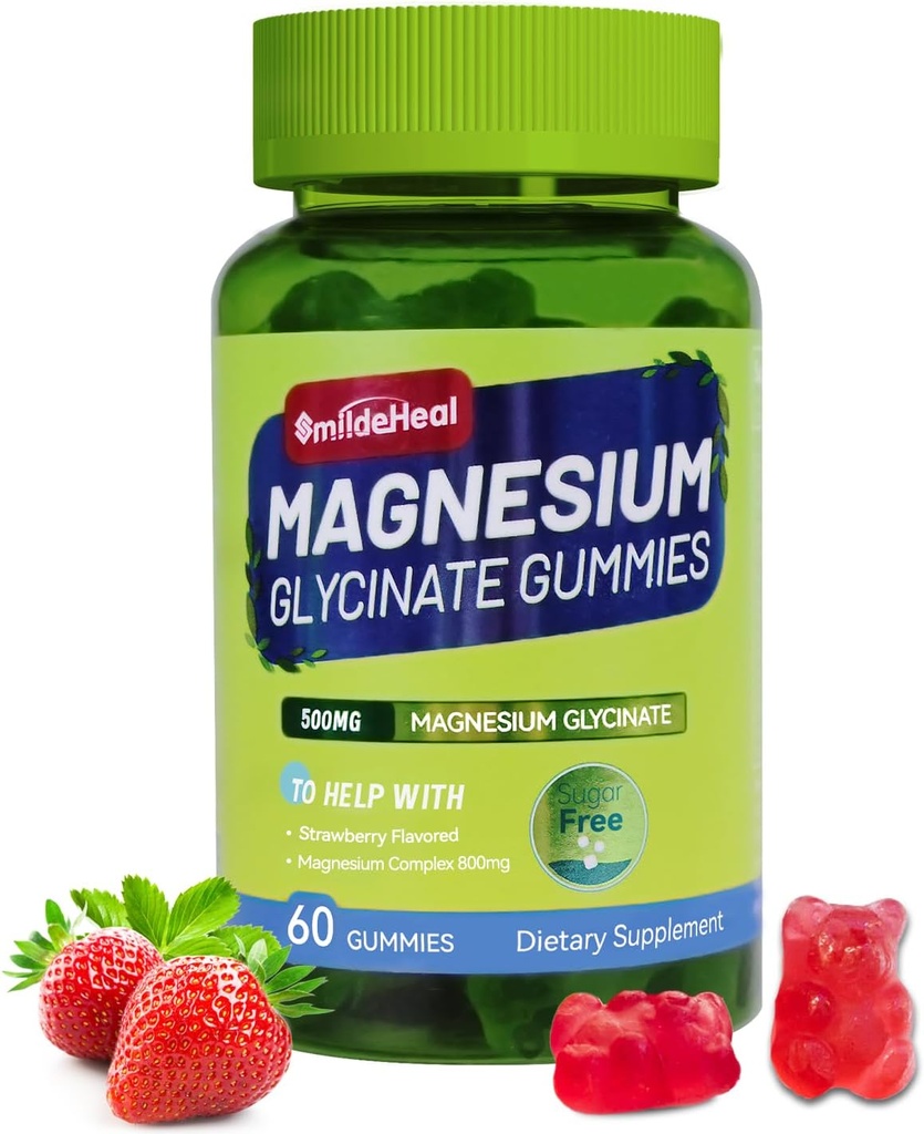 Magnesium Glycinat Gummies 500 mg med L- Threonat 300mg - sukkerfri Magnesiumkalium tillæg med vitamin D, B6, CoQ10 - Strawberry Flavored - 60 Gummies