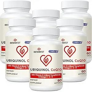 Ubiquinol CoQ10- 600mg- Softgel, Active Coq10 Ubiquinol tillæg med vitamin E & Omega 3, 6, 9, Høj Absorption- Coenzyme- Q10, kraftfuld antioxidant til energiproduktion, Testet, 360 Tæl