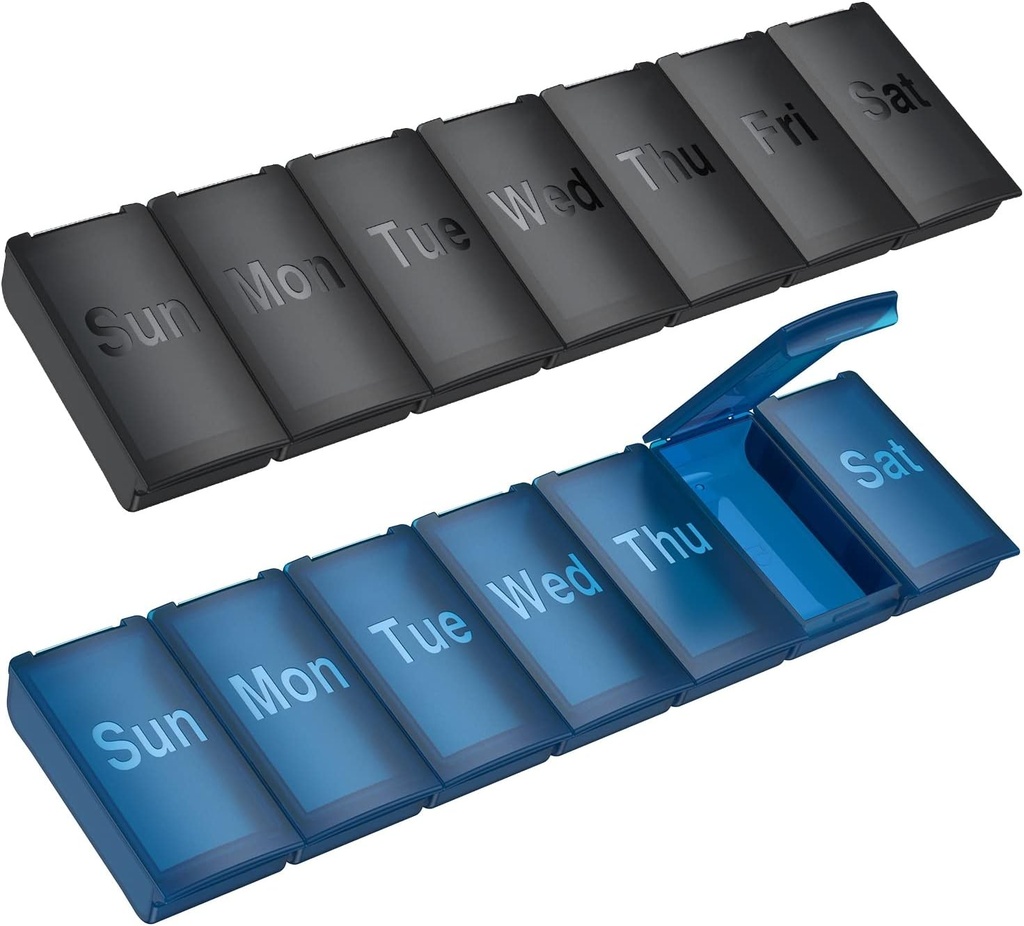 2 Pack Weekly Pill Organizer, Stor daglig Vitamin Pill Box, Bærbar rejse Venlig 7 dag Pill Containers Medicine Holder, Håndtaske Udendørs Camping Lille Pill sag for kosttilskud Fish Oil (sort + blå)