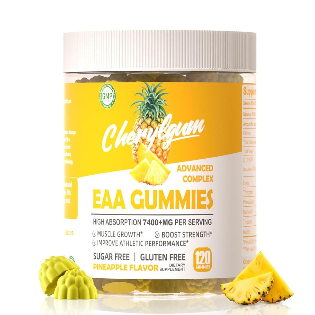 EAA Gummies 120 Pineapple Gummies, 7400 mg essentielle aminosyrer - Alle 9 Essential Aminos (EAA) og Alle Branched- Chain Aminos (BCAAs), Non- GMO, Gluten Free, Vegetarisk Friendly.