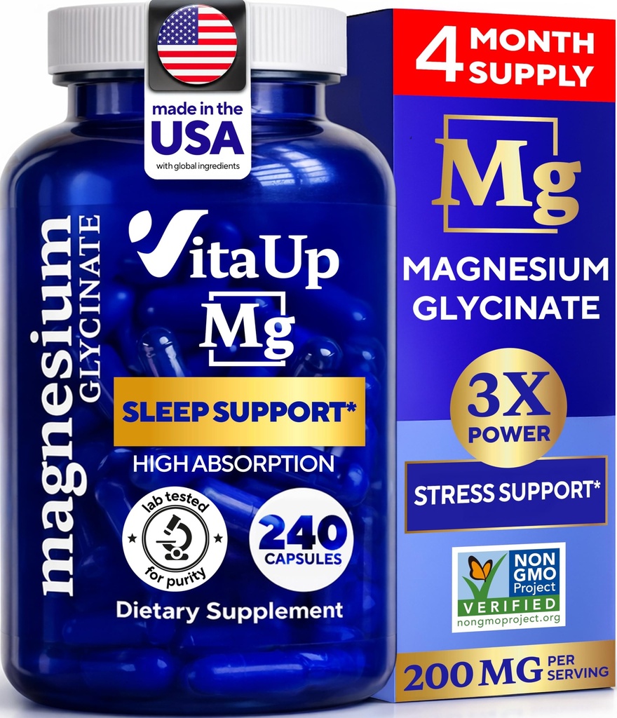 Magnesium Glycinat 200mg - USA Made Magnesium supplement til søvn, hjerte, knogler, metabolisme Support - High Absorption Magnesium Bisglycinate kapsler - 240 Vegan Chelated kapsler