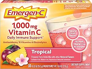 Emergen- C 1000mg C-vitamin pulver, med antioxidanter, B-vitaminer og elektrolyter, C-vitamin Kosttilskud til immunforsvar, Koffein Free Fizzy Drink Mix, Tropical Flavor - 30 Greve / 1 Måned Supply